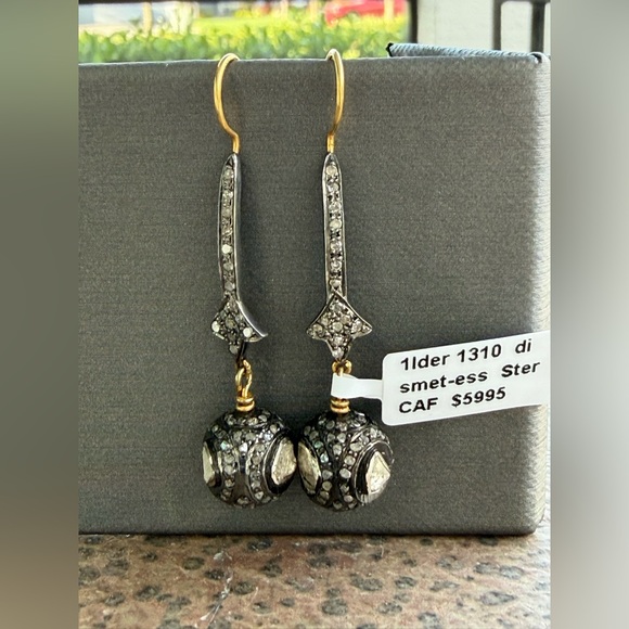 Elegant 14kt. Yellow Gold & Sterling Silver Diamond Dangle Earrings - Picture 3 of 12